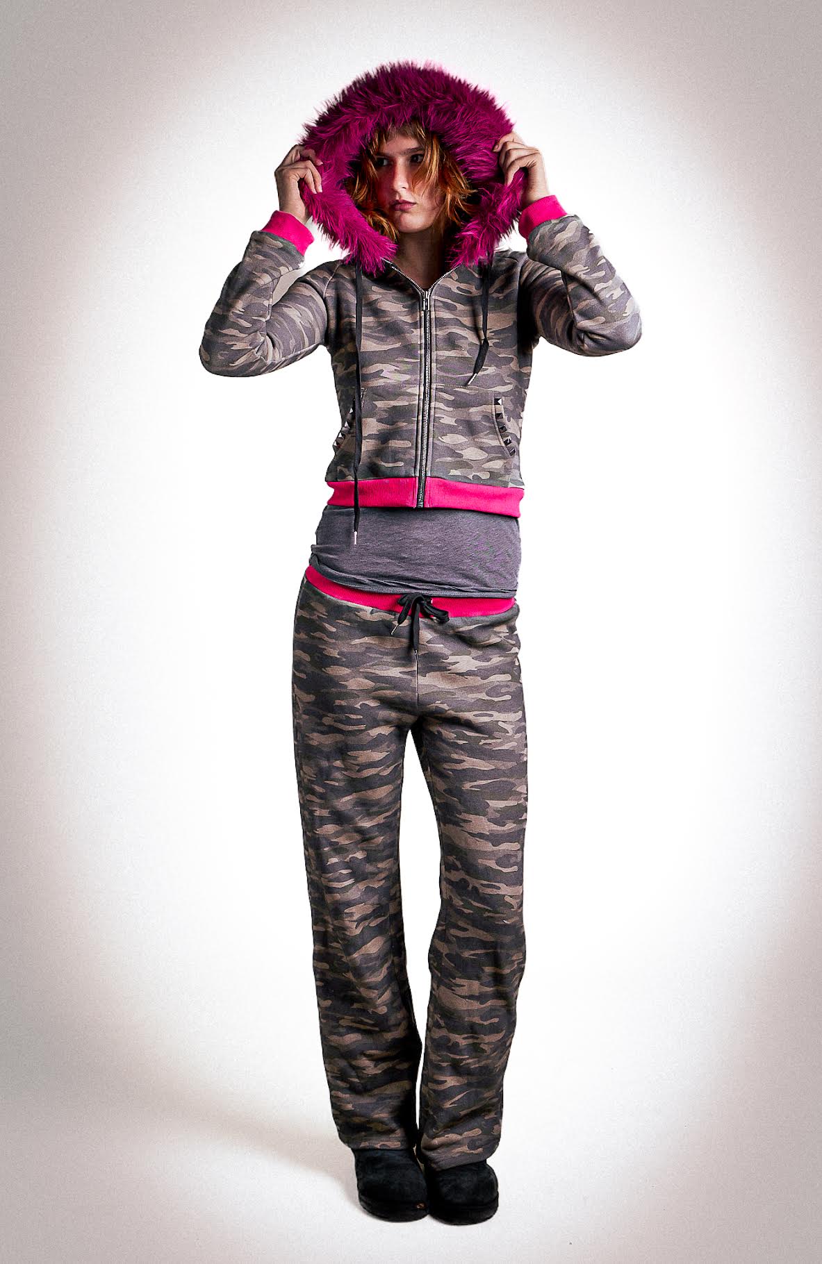 Camo and hot pink fur-hooded jacket