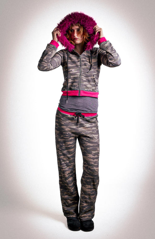 Camo and hot pink fur-hooded jacket