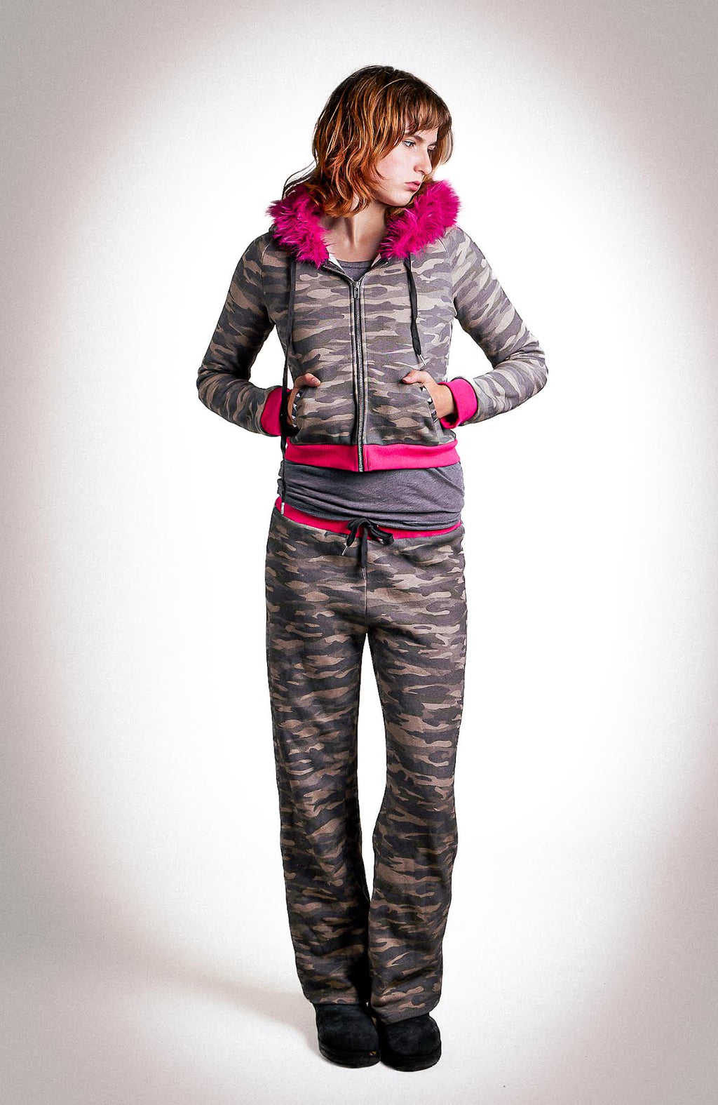 Camo and hot pink fur-hooded jacket