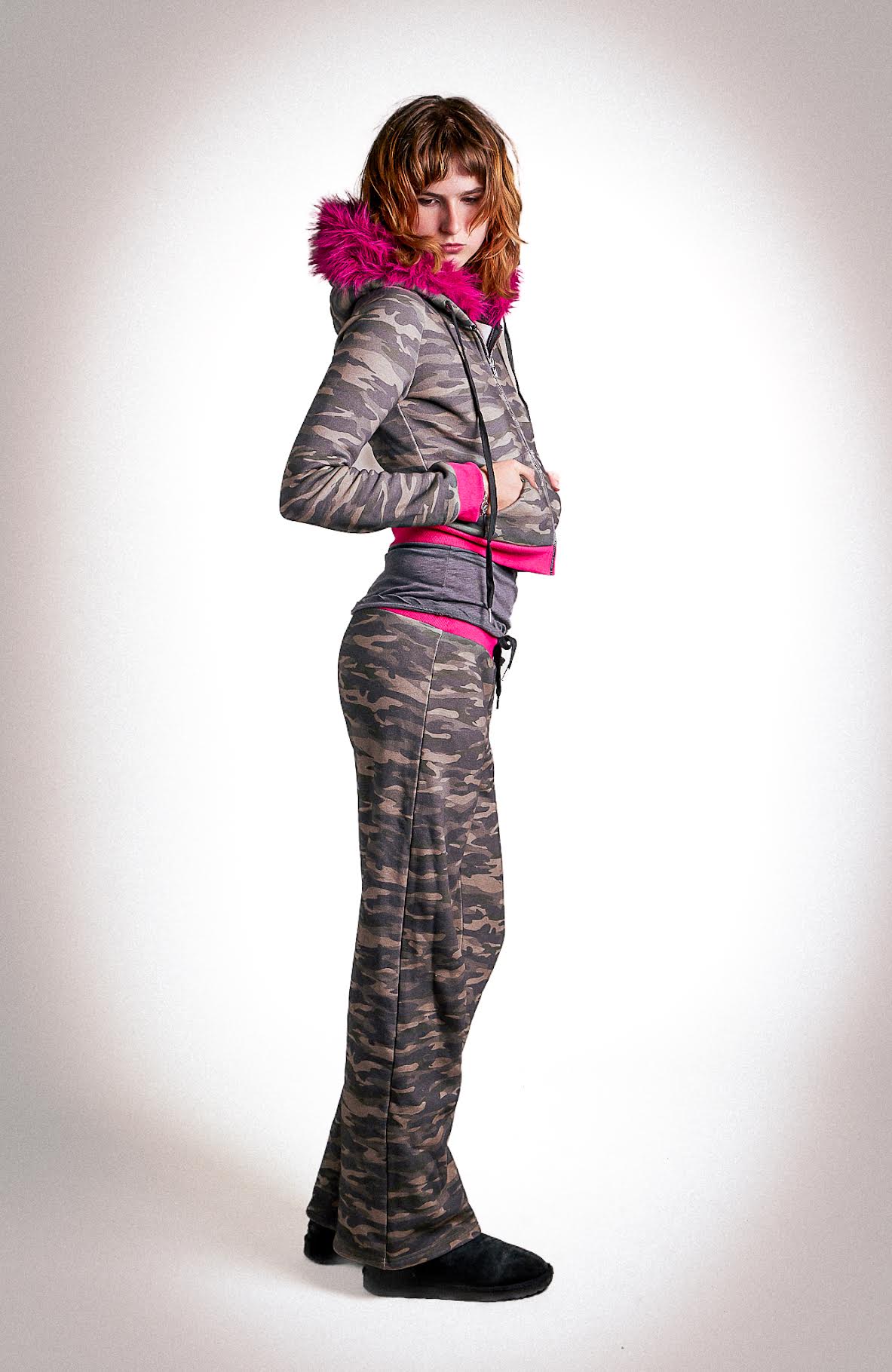 Low-waisted camo and hot pink sweatpants