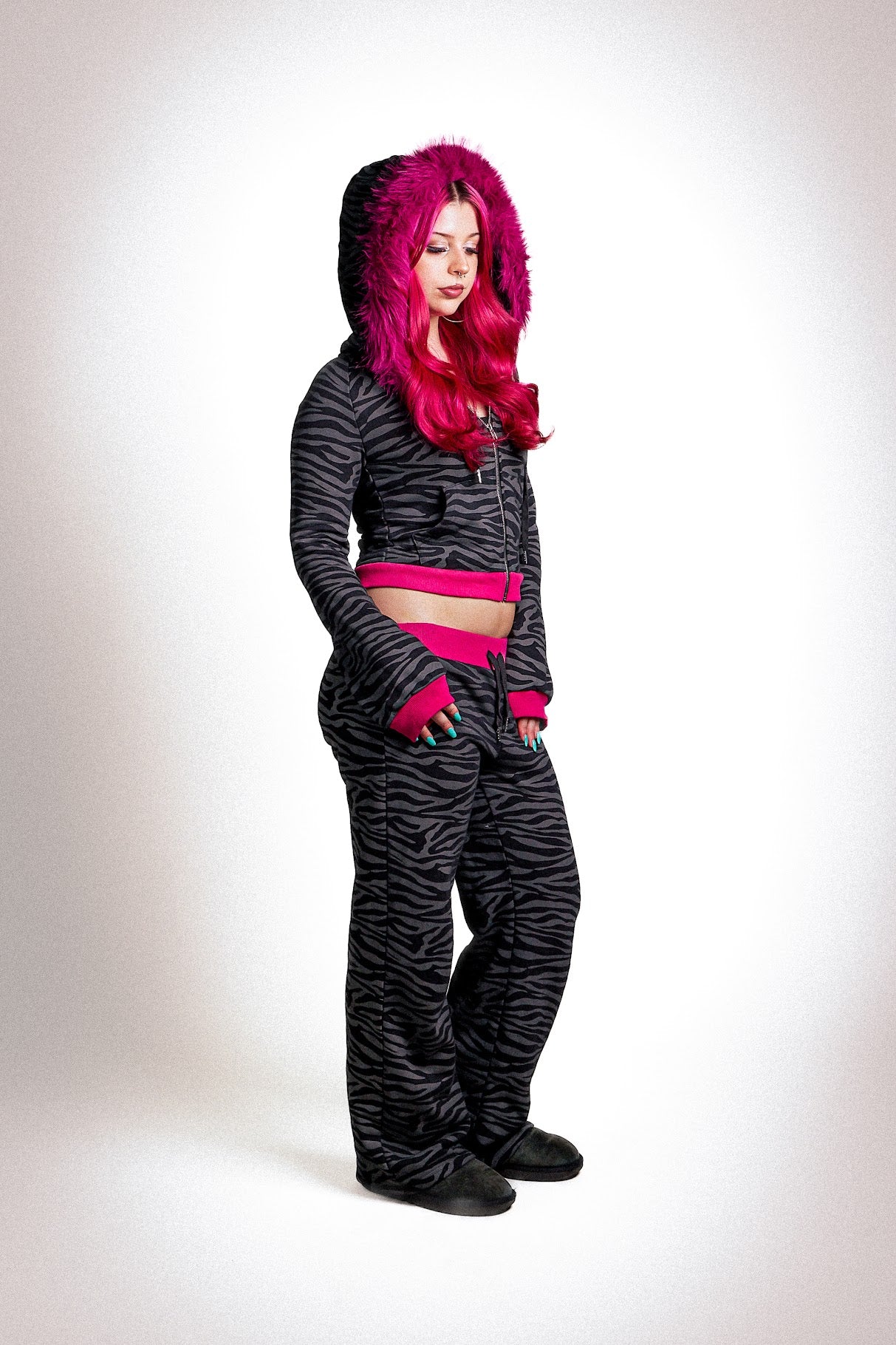 Zebra and hot pink fur-hooded jacket