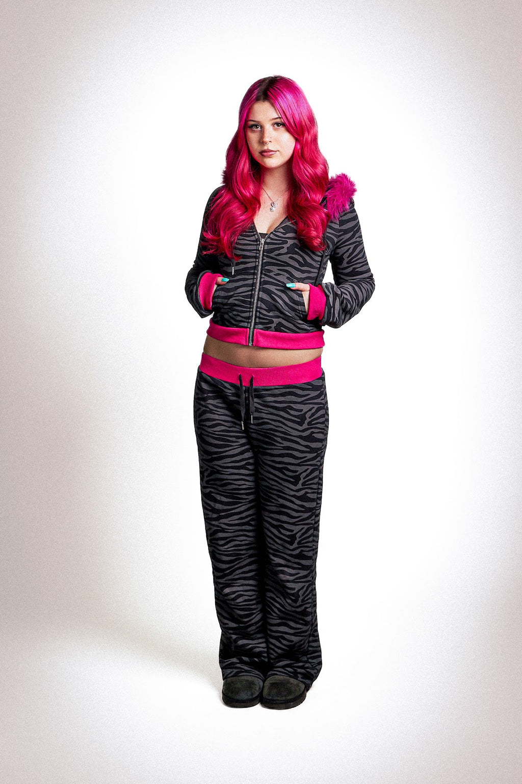 Low-waisted zebra and hot pink sweatpants