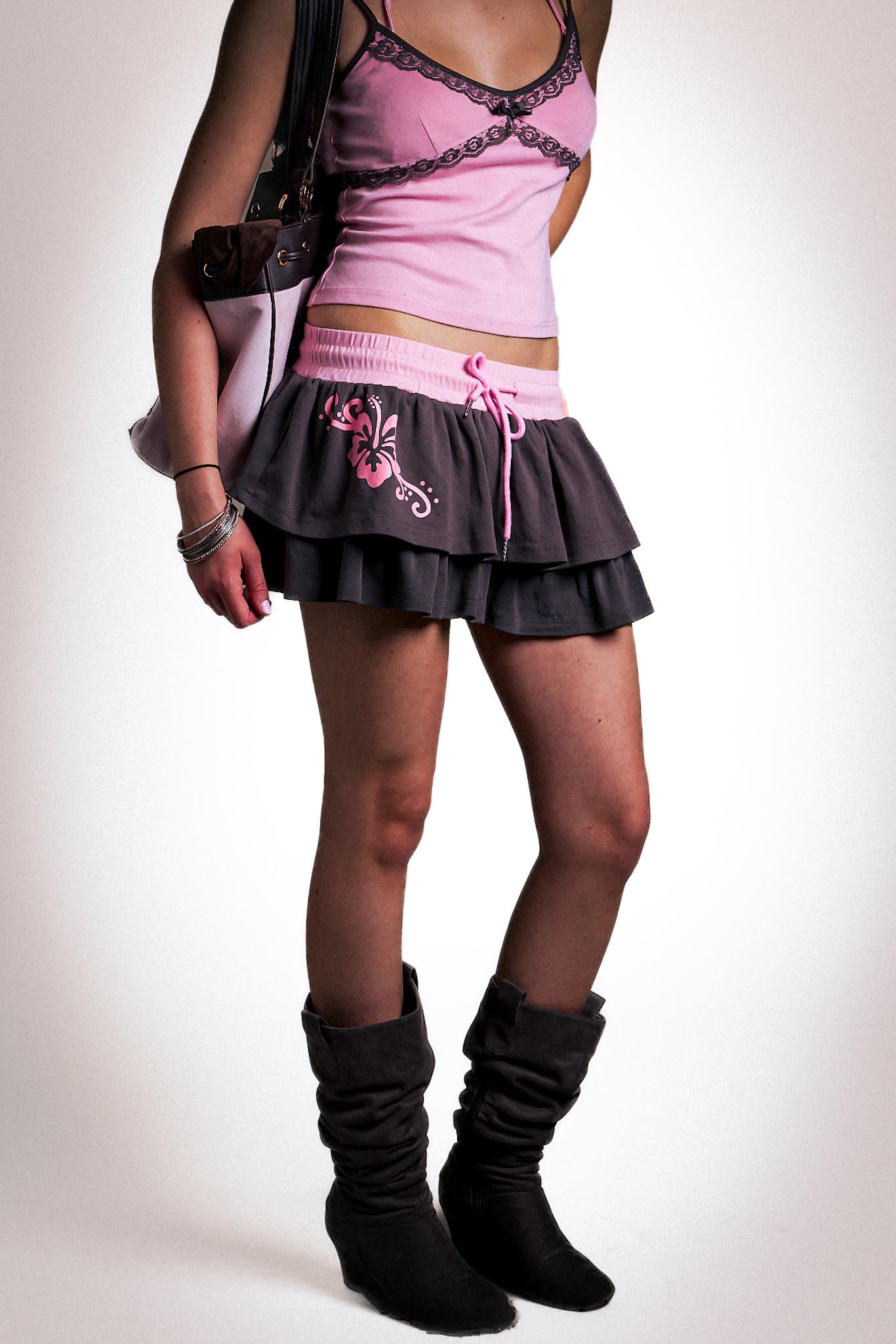 Floral pink and grey mini skirt